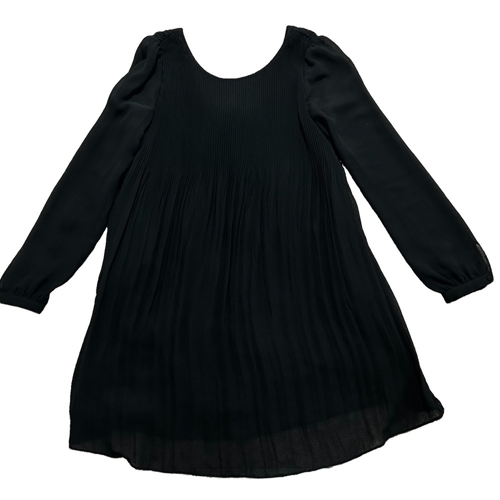 Sézane Black Pleated Chiffon Mini Dress 36 US 4 Long Sleeve Bow Back A-Line